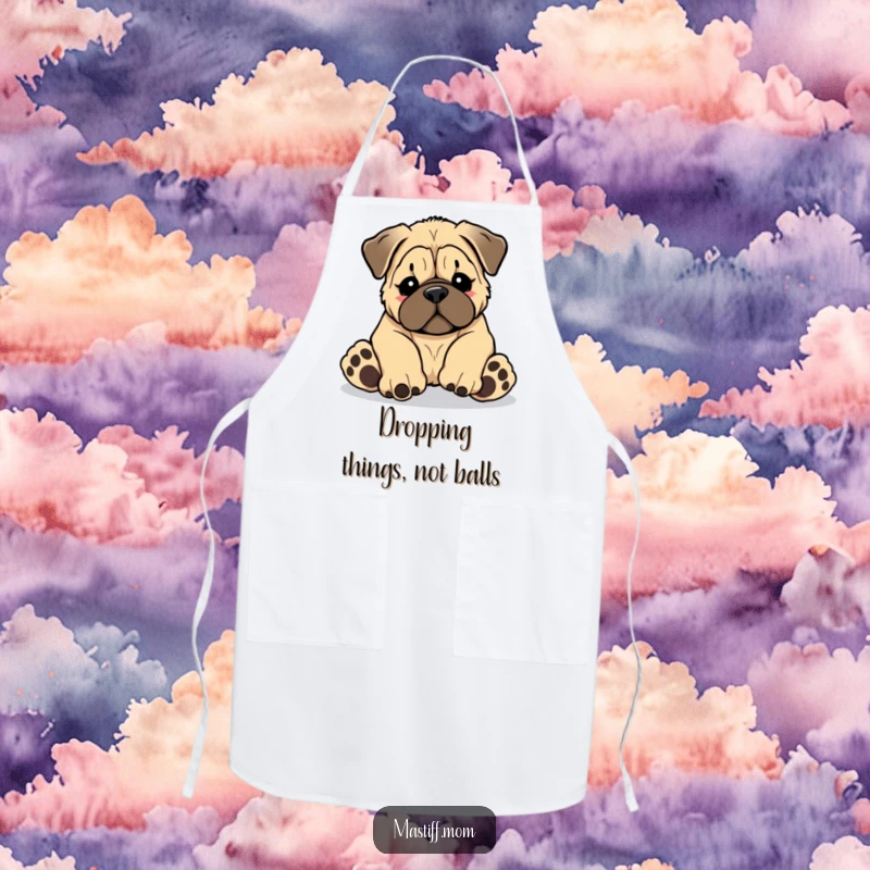 Funny Kawaii Mastiff puppy tripping over its giant paws, printed on a practical kitchen apron, a useful funny gift.
