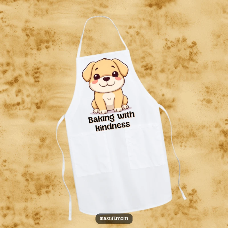 Funny apron illustrating a large, gentle dog with a soft, kind, and loving smile, perfect for a heartwarming kitchen accessory.