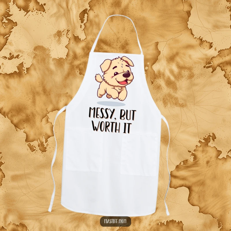 Funny Kawaii Mastiff apron featuring a clumsy dog joyfully bounding, protecting your clothes with a smile and a dash of canine humor.