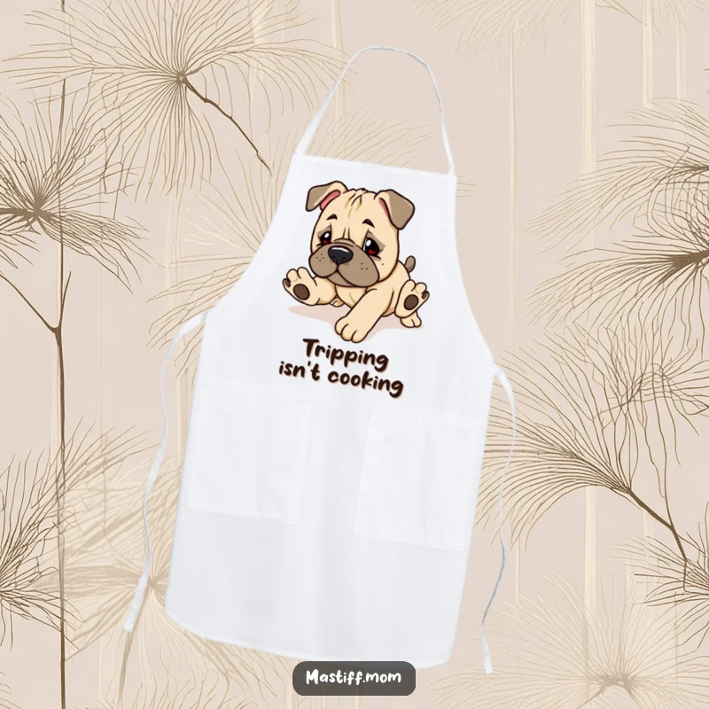 Funny Kawaii Mastiff Puppy Apron showing a cute, clumsy dog tripping, perfect for kitchen fun and protection.