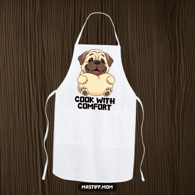 Funny Kawaii Mastiff apron showing a gentle giant dog smiling and offering a large soft pillow, perfect for kitchen comfort.