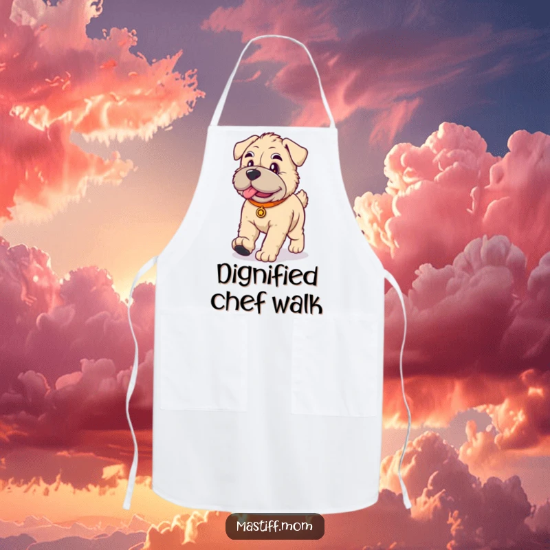 Funny kawaii Mastiff dog apron, showcasing a cute dog in a dignified walk, perfect for stylish kitchen activities.