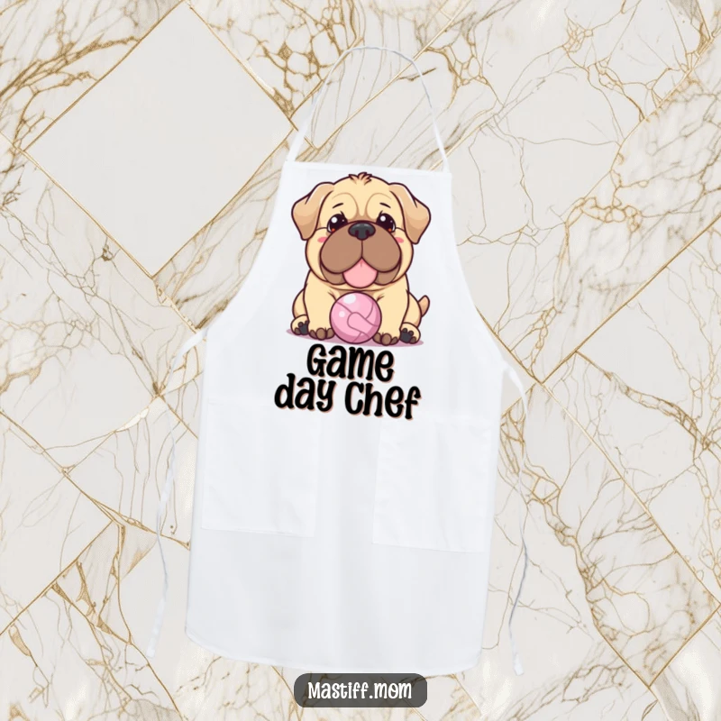 Funny Kawaii Mastiff apron showing a dog with a warm expression gently nudging a tiny ball, adding a touch of sweet humor to cooking.