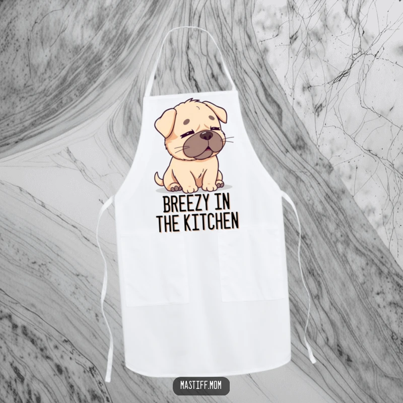 Funny Kawaii Mastiff Apron: A cute, chubby mastiff with eyes closed, feeling a gentle breeze while cooking, adding funny calm.