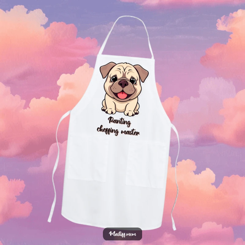 Funny Kawaii Mastiff Apron, depicted panting happily with a droopy smile, perfect for kitchen fun. A humorous and protective garment.