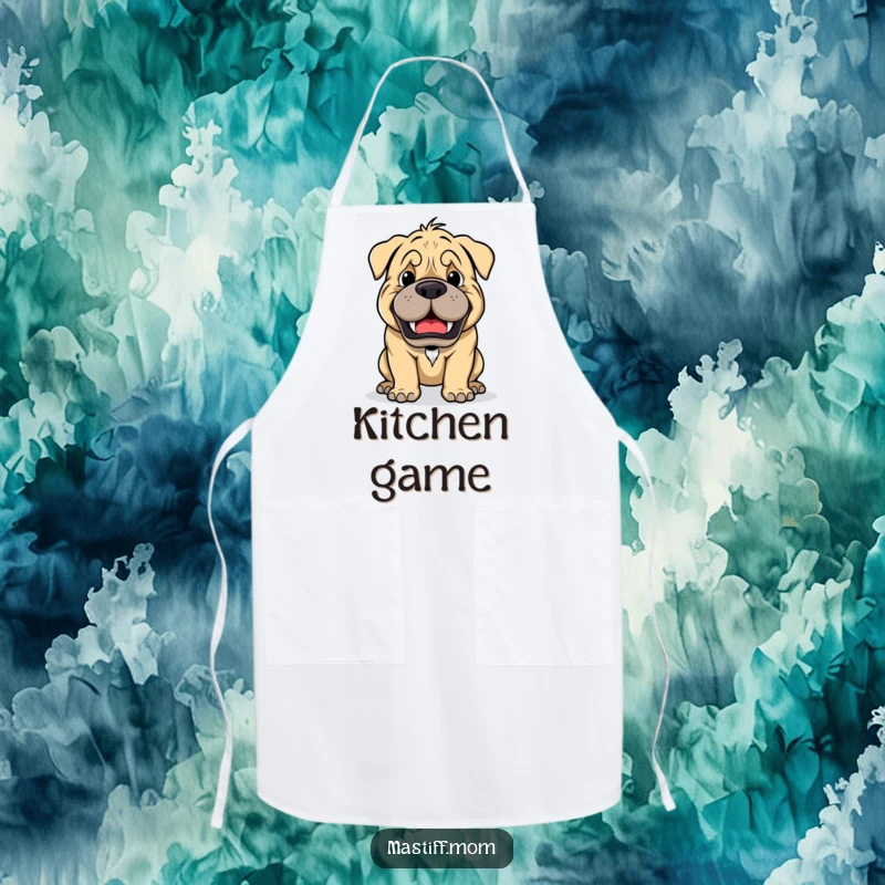 Funny Kawaii Mastiff Playful Growl Ready for Game Apron, kitchen apparel, cute dog graphic, humorous cooking accessory.