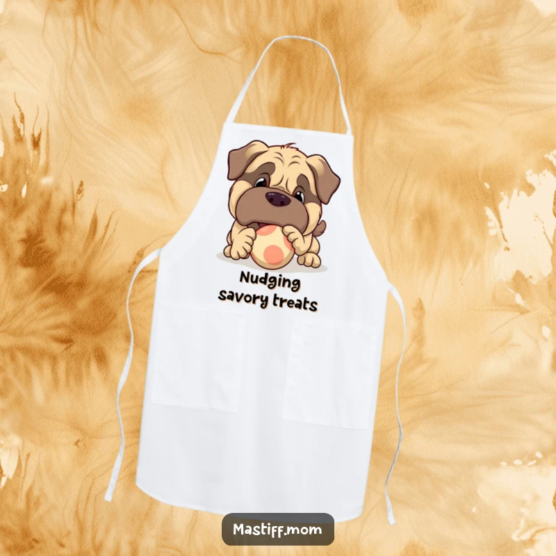 Funny large Mastiff character apron showing a dog playfully nudging a bouncy ball, perfect for a fun cooking session.