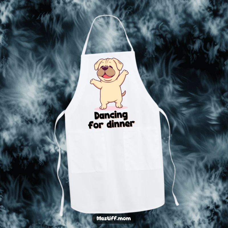 Funny Mastiff Dance Apron, showing a kawaii mastiff dancing happily with droopy ears, perfect for keeping clothes clean during cooking.