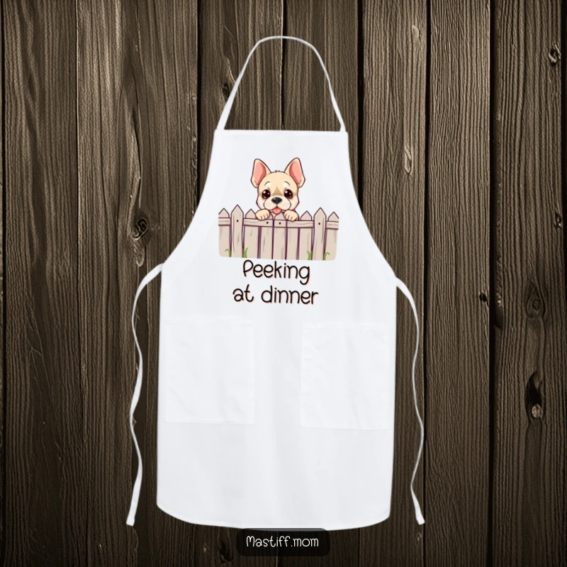Funny Mastiff character apron showing a dog playfully peeking over a comically low fence, perfect for a fun cooking session.