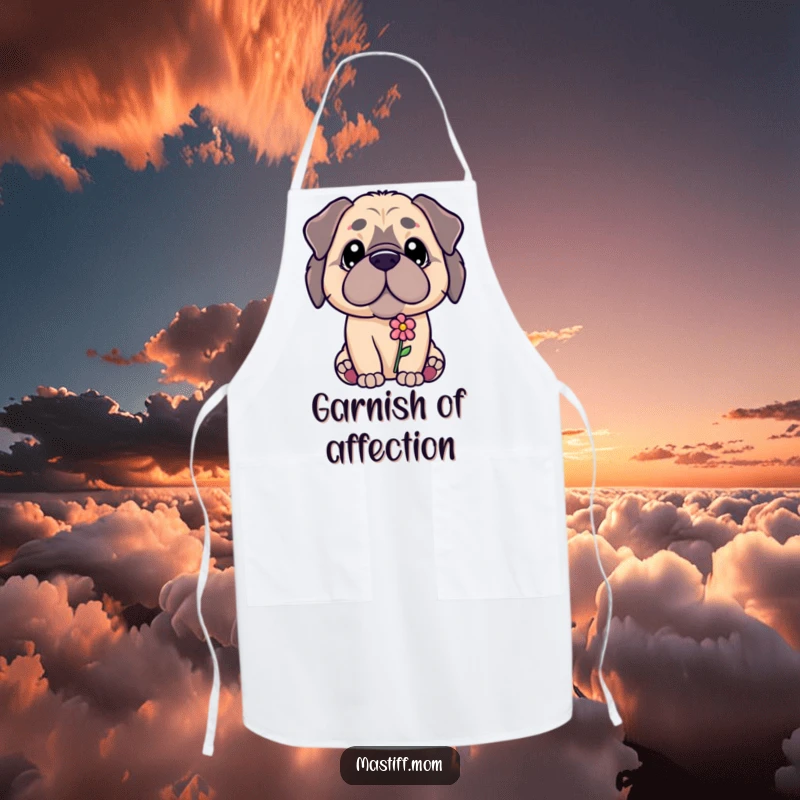 Funny Kawaii Mastiff puppy offering a small flower with a gentle gaze, on a practical kitchen apron, a thoughtful funny gift.
