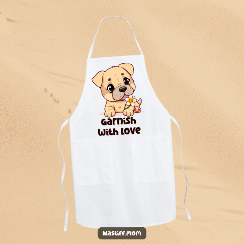 Funny Mastiff apron with a playful dog having kind eyes, gently offering a lovely flower while cooking.