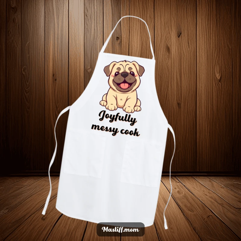 Funny Kawaii Mastiff Puppy Apron design of a happy puppy dramatically flopping over with pure joy, perfect for the kitchen.
