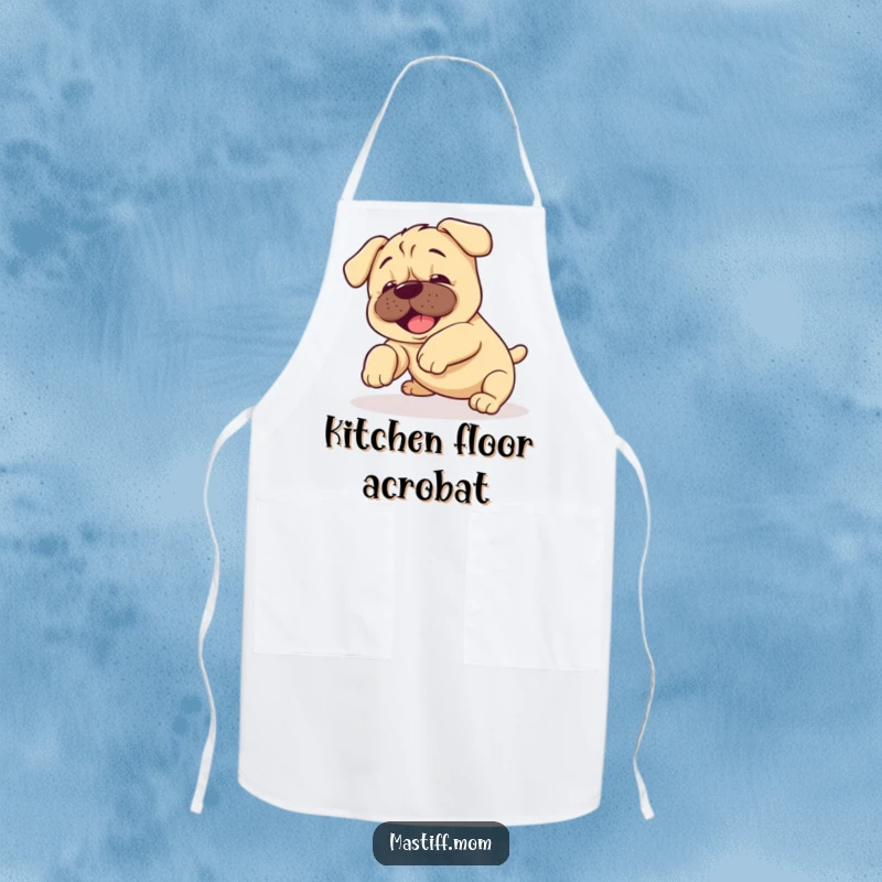 Funny Kawaii Mastiff Puppy Apron design of a happy puppy in a delightful, clumsy tumble, perfect for the kitchen.