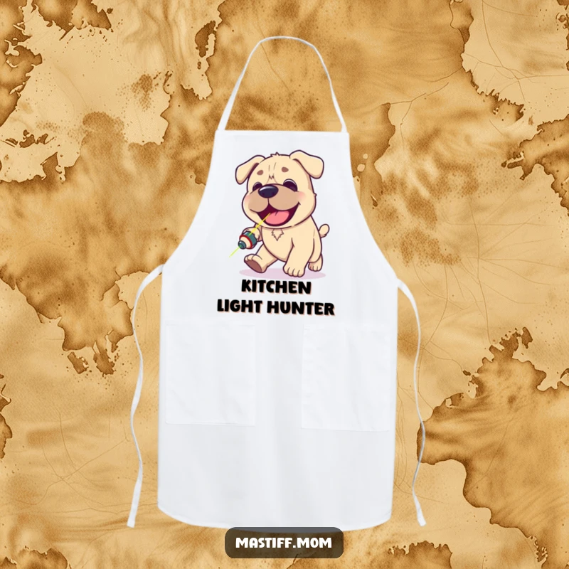 Funny Kawaii Mastiff apron showing a happy panting dog hilariously chasing a red laser pointer dot, perfect for kitchen fun.