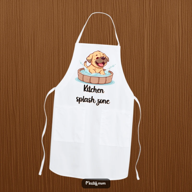 Funny Mastiff cub apron showing a puppy giggling while splashing in a pool, ready for kitchen adventures.