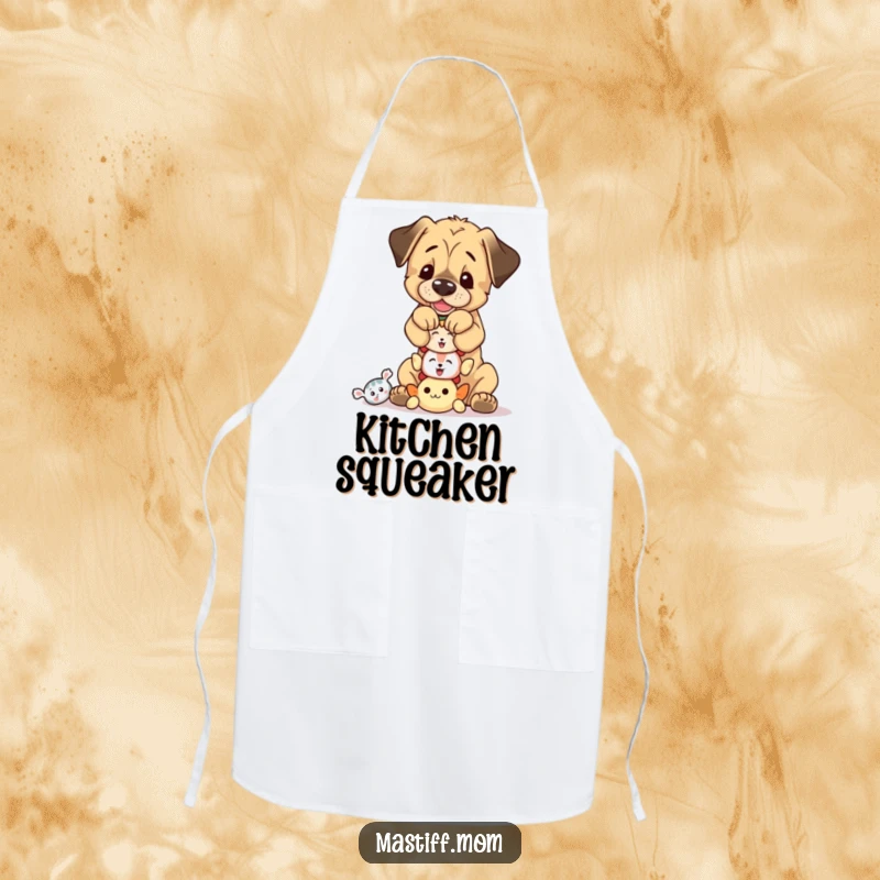 Funny, playful Mastiff cub balancing a stack of tiny squeaky toys, a humorous and practical kitchen apron.