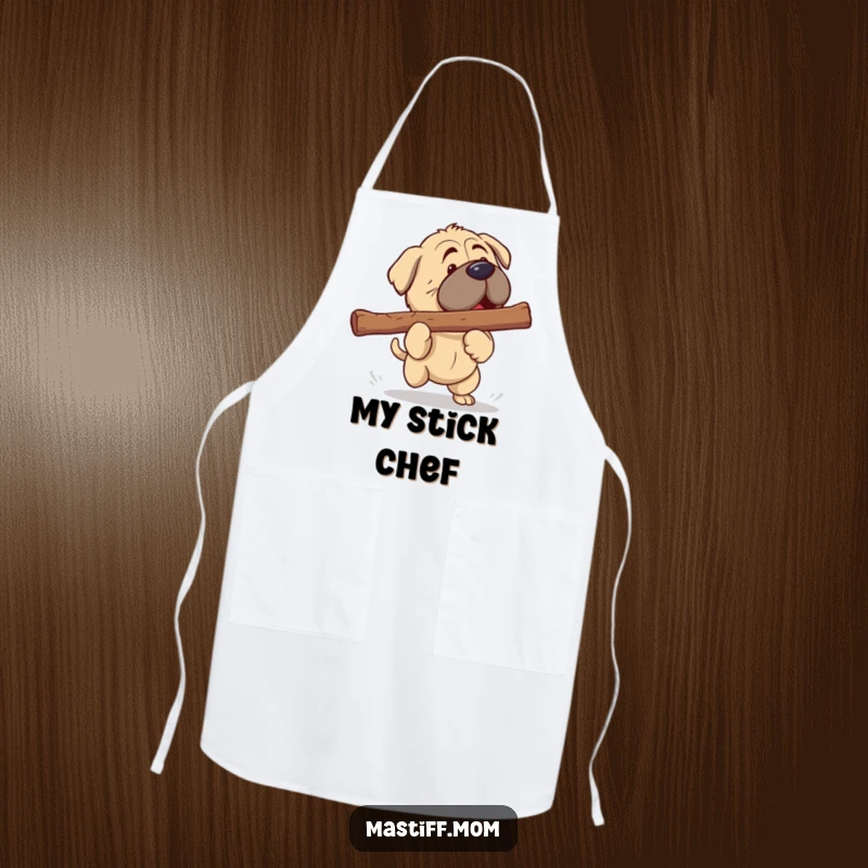 Funny Mastiff Apron: A cute kawaii Mastiff enthusiastically playing fetch with a giant stick, ready for kitchen duty.