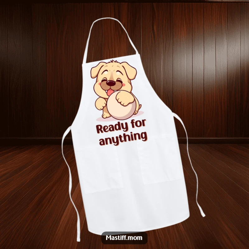 Funny Kawaii Mastiff apron, a silly dog with a big grin playing with a ball, ideal for cooking and baking.