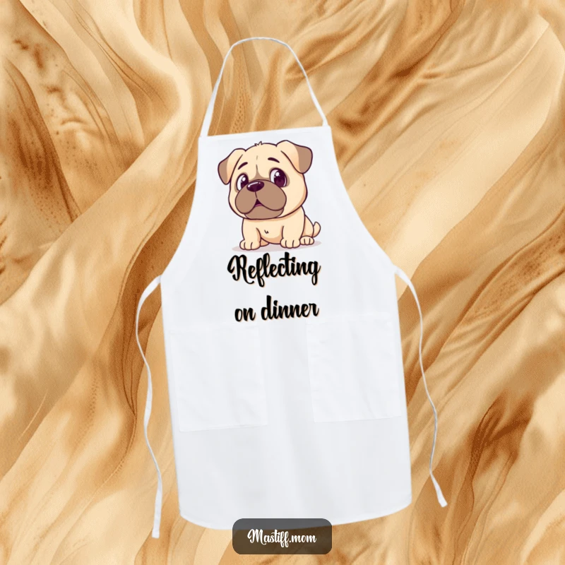 Funny Kawaii Mastiff Apron, depicted with a surprised expression at its reflection, perfect for kitchen fun. A humorous and protective garment.