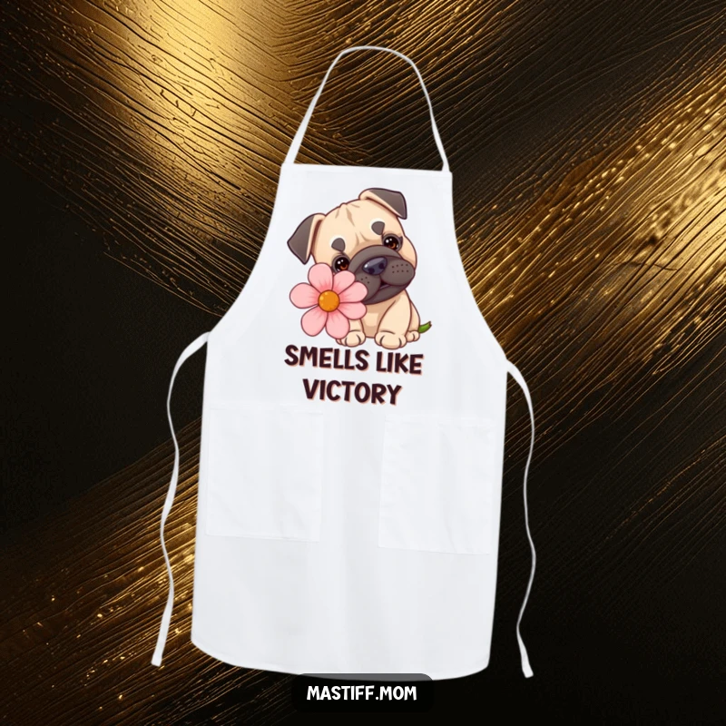 Funny kawaii Mastiff apron depicting a dog curiously sniffing a comically large flower, perfect for a humorous kitchen helper.