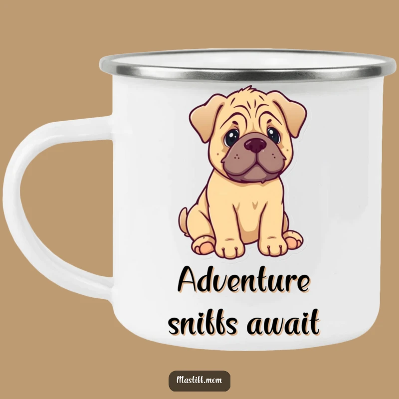 Funny Mastiff Puppy Camping Mug - Kawaii Dog Sitting with Happy Wag
