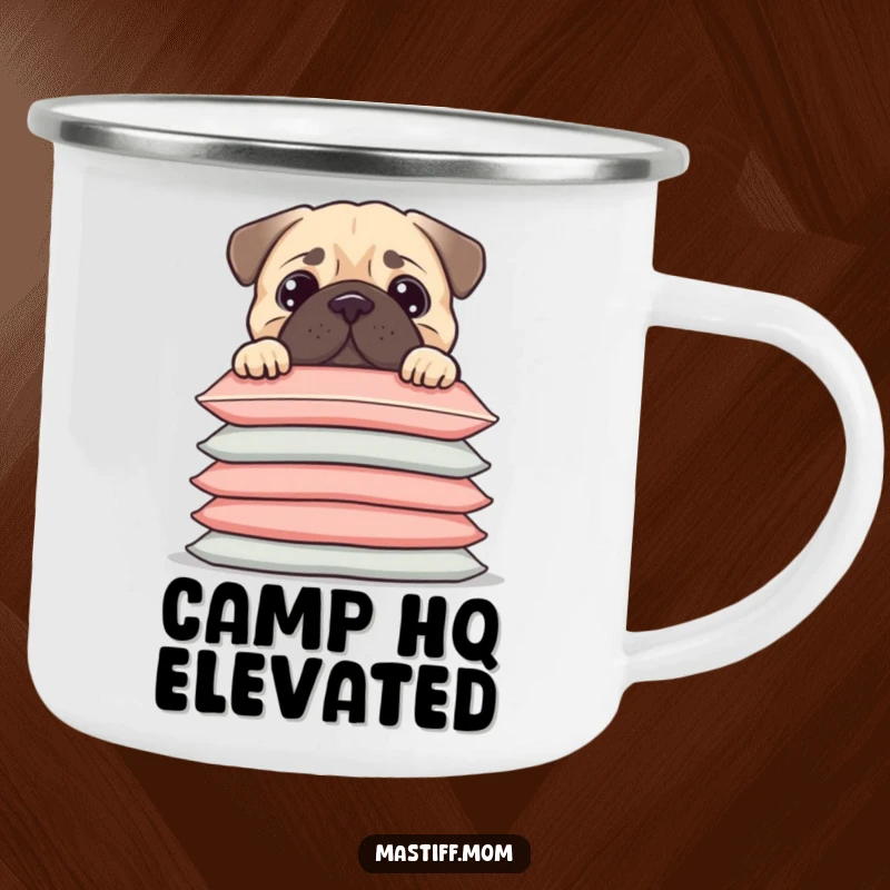 Funny Kawaii Mastiff peeking over a tall stack of cushions, on a sturdy camping mug, makes a great funny gift.