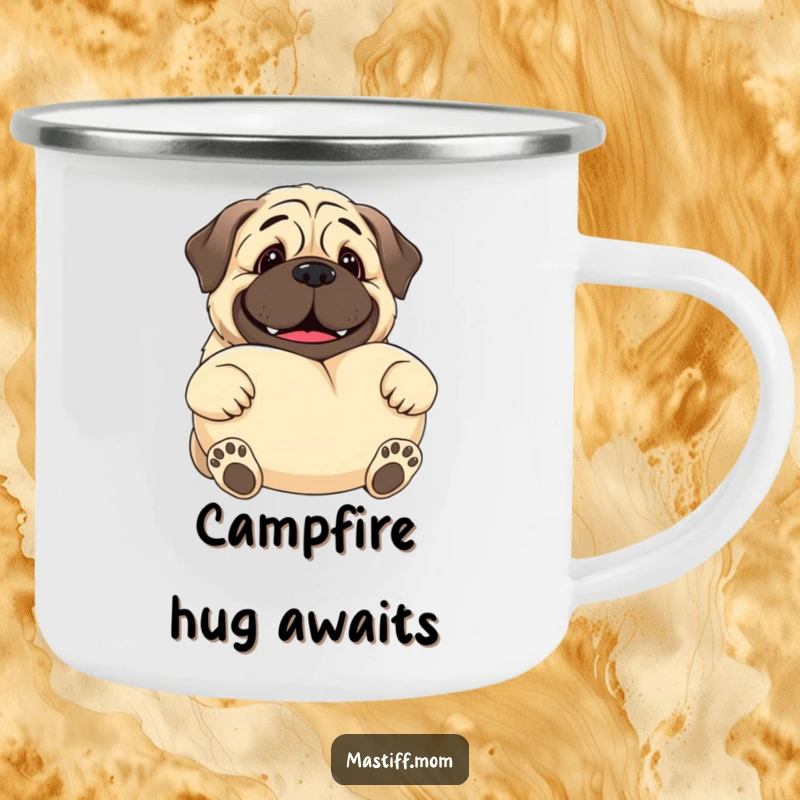 Funny Kawaii Mastiff camping mug depicting a gentle giant dog smiling and offering a large, soft pillow, perfect for outdoor relaxation.