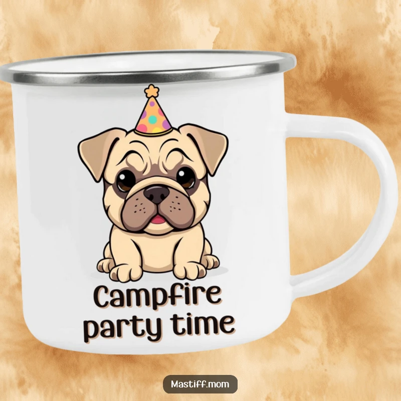 Funny Kawaii Mastiff Puppy Camping Mug showing a happy puppy wearing a tiny, slightly crooked party hat.