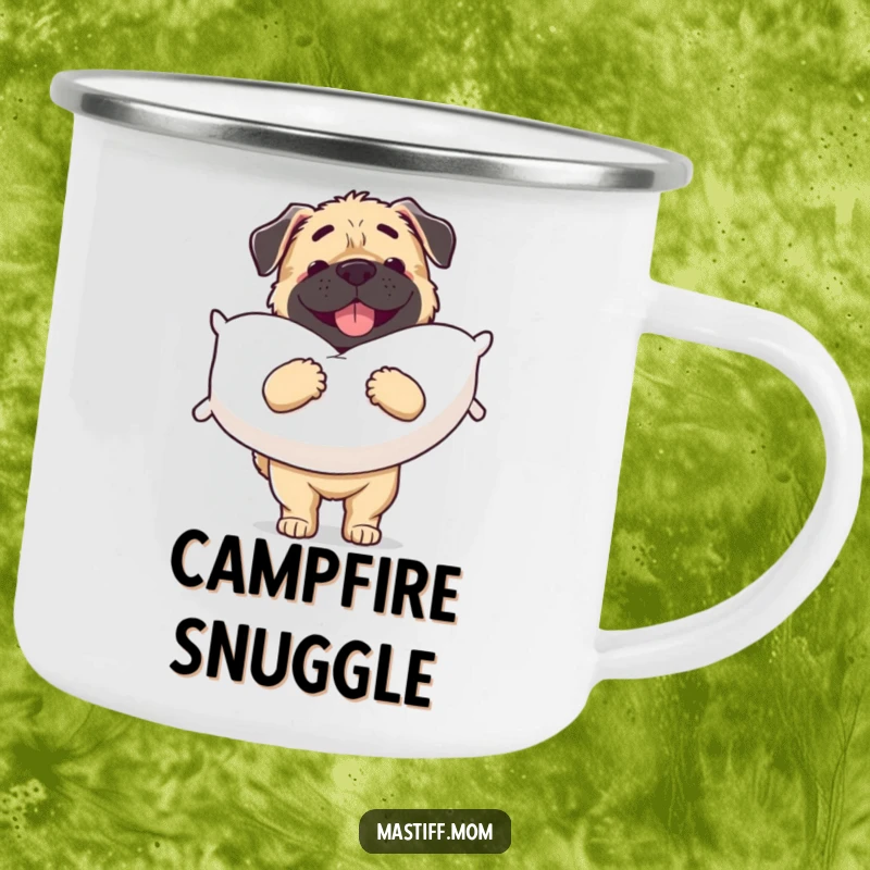 Funny Mastiff camping mug with a joyful dog carrying a soft pillow, perfect for outdoor relaxation.