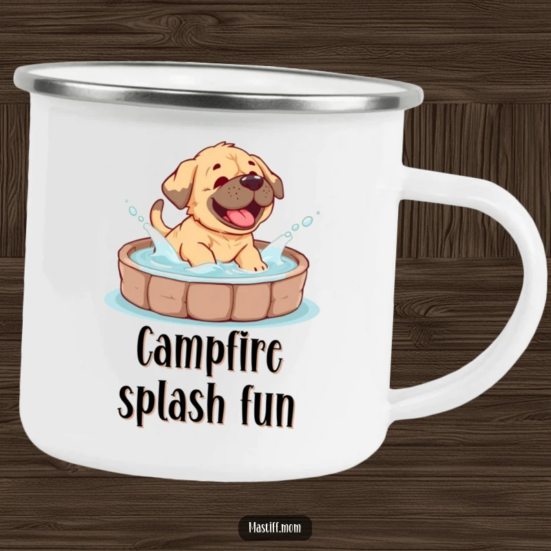 Funny Mastiff cub camping mug showing a puppy giggling and splashing water, suitable for outdoor fun and refreshment.
