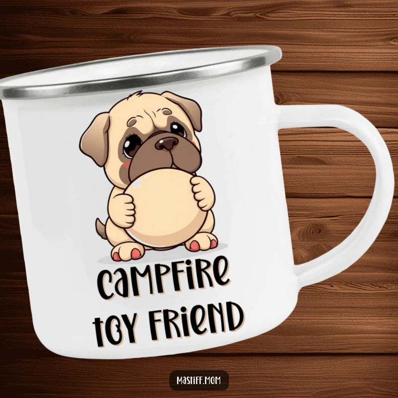 Funny Kawaii Mastiff camping mug, depicting a gentle dog offering a giant squeaky toy, ideal for outdoor use and warm companionship.