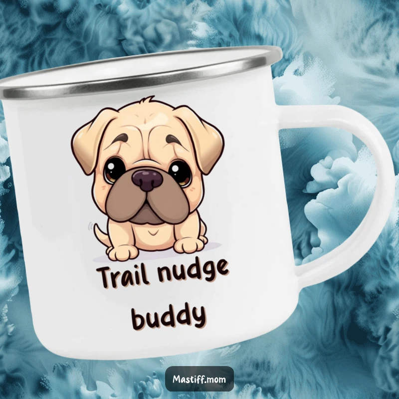 Funny Kawaii Mastiff Camping Mug, durable and warm, depicts a Mastiff giving a gentle nudge with its oversized head. A humorous gift for adventurers.