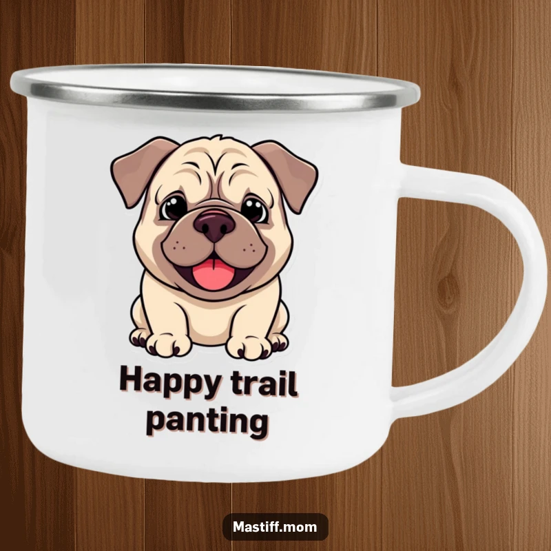 Funny Kawaii Mastiff Camping Mug, durable and cheerful, depicts a Mastiff with a droopy smile and happy pant. A humorous gift for adventurers.