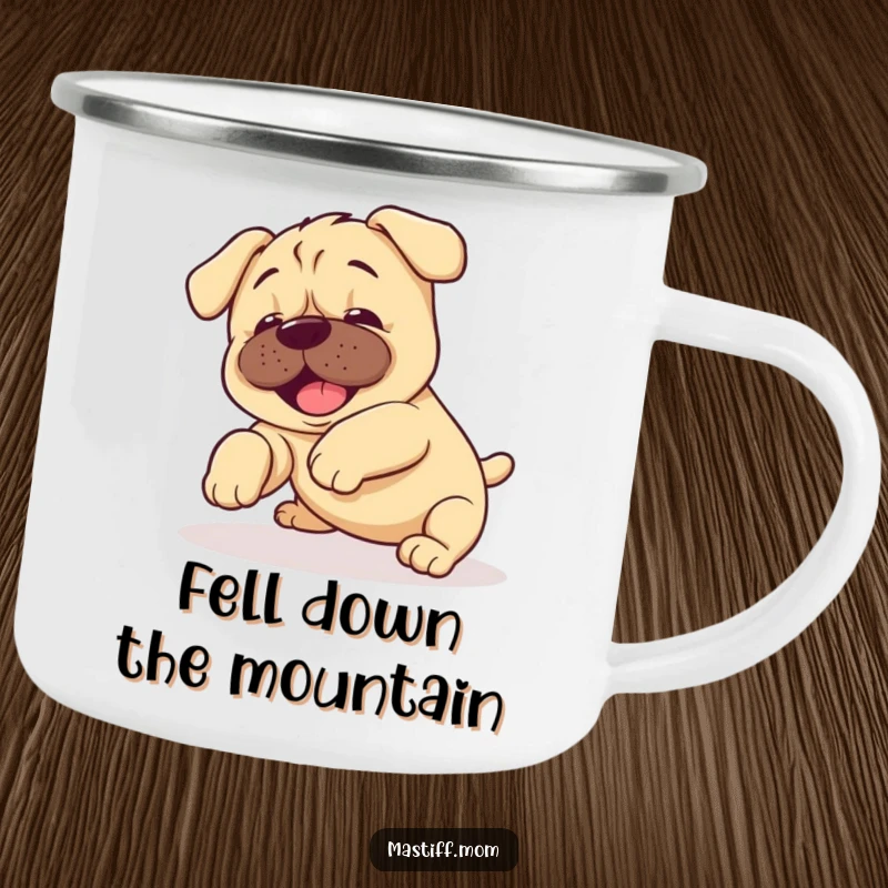 Funny Kawaii Mastiff Puppy Camping Mug showing a sweet puppy mid-tumble, looking joyful and endearingly clumsy.