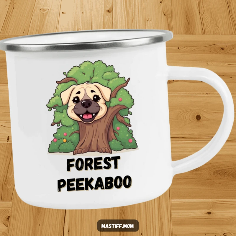 Funny happy Mastiff dog camping mug, designed for adventures, featuring a cute dog peeking from behind a tree.