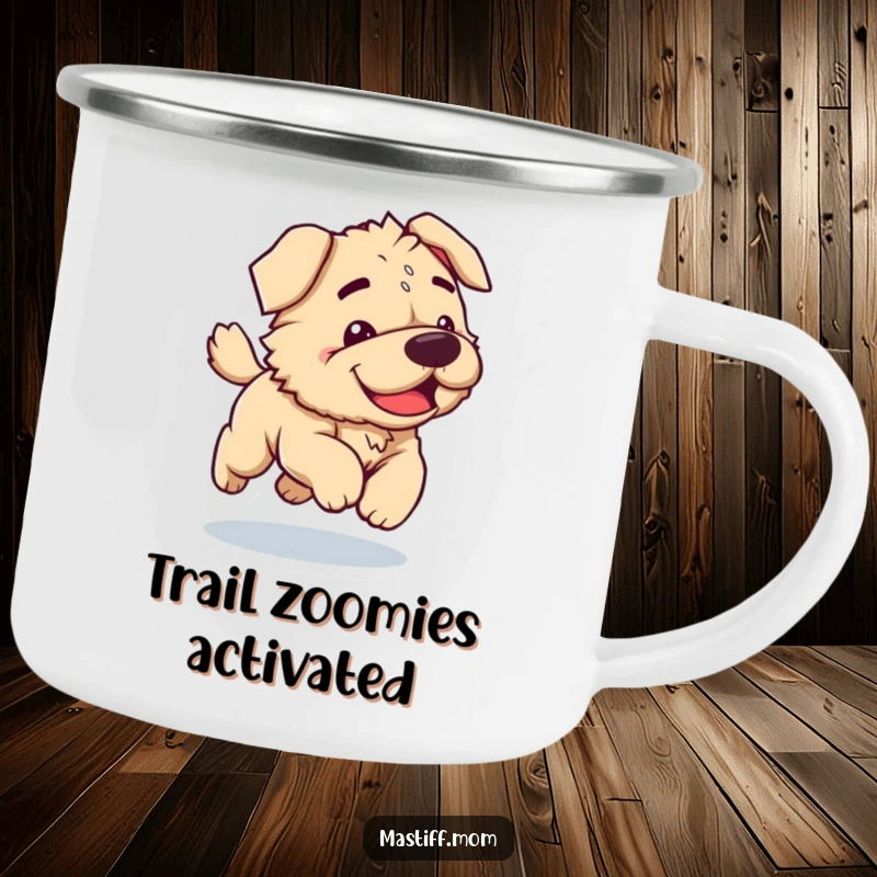 Funny Kawaii Mastiff camping mug showing a clumsy dog joyfully bounding, ideal for hot or cold drinks during outdoor escapades.