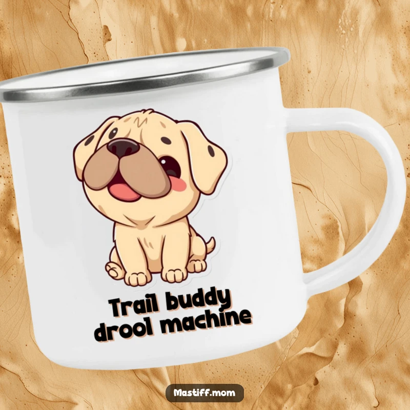 Funny Mastiff Camping Mug showing a happy Kawaii dog and its tongue ready for a lick, great for outdoor enthusiasts.