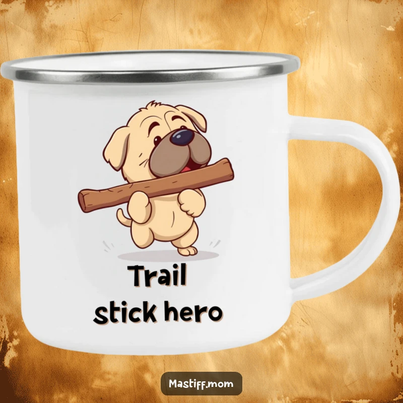 Funny Mastiff Camping Mug: Cute kawaii Mastiff playing fetch with an oversized stick in a scenic outdoor setting.