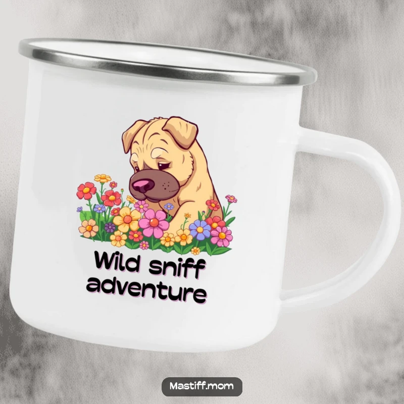 Funny Kawaii Mastiff Camping Mug: Cute dog sniffing flowers in the wild, a humorous and durable companion for outdoor trips.