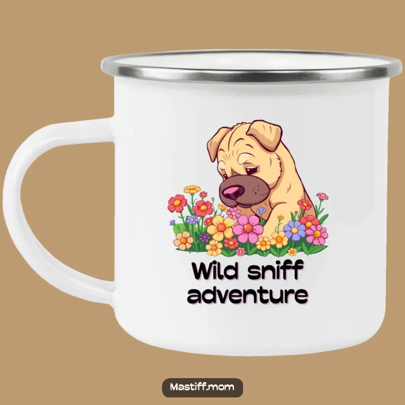 Funny Kawaii Mastiff Camping Mug - Outdoor Flower Sniffing Coffee Cup