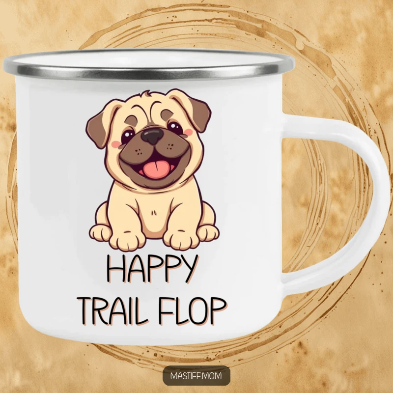 Funny Kawaii Mastiff Puppy Camping Mug showing a happy puppy dramatically flopping over with sheer delight.