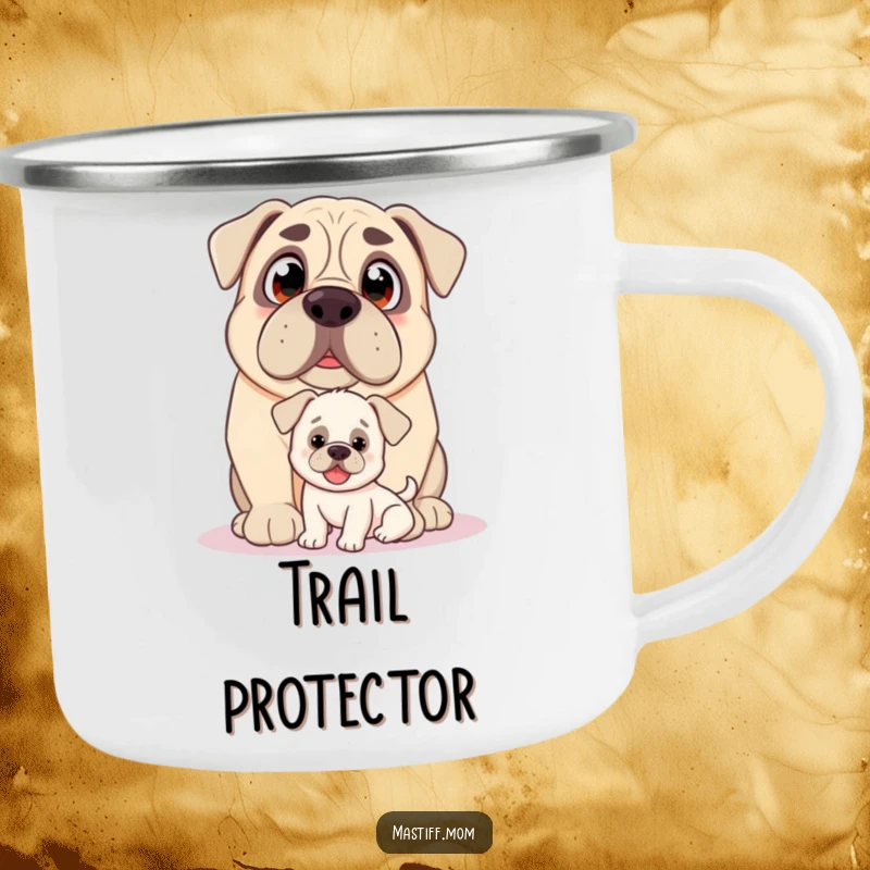 Funny Kawaii Mastiff camping mug, with loving eyes, nudging a small, happy puppy, humorous and rugged.