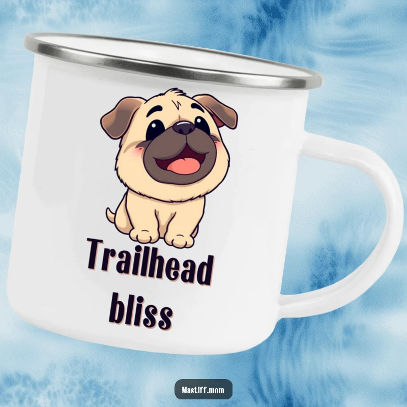Funny Kawaii Mastiff Panting Looking Up at Sky Camping Mug, enamel mug, cute dog graphic, outdoor beverage cup.