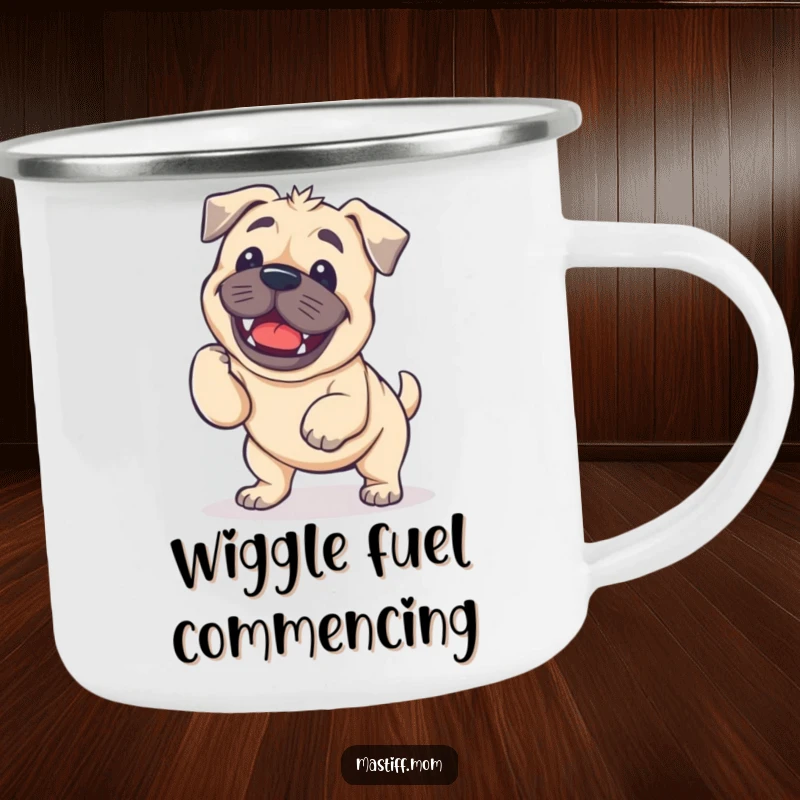 Funny Kawaii Mastiff Camping Mug showcasing a dog's delightful, wobbly wiggle, ready for adventure.