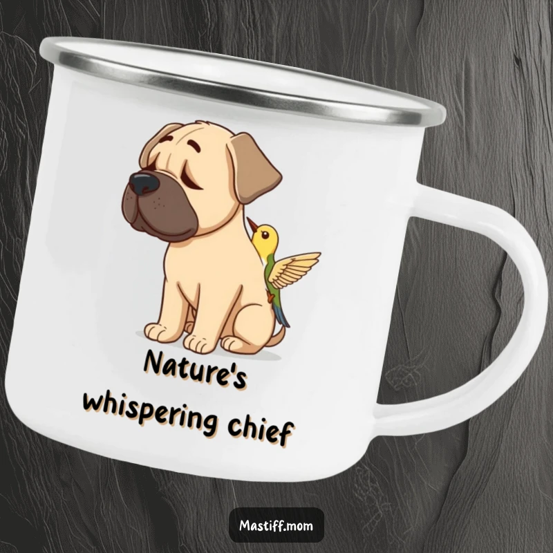 Funny Mastiff Bird Listener Camping Mug: A dog poised to listen to a bird, perfect for enjoying the outdoors.