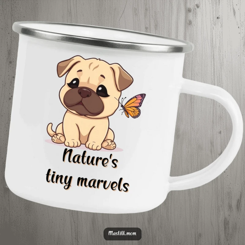 Funny Mastiff Camping Mug showing a dog’s genuine amazement at a tiny butterfly, perfect for campfire stories.