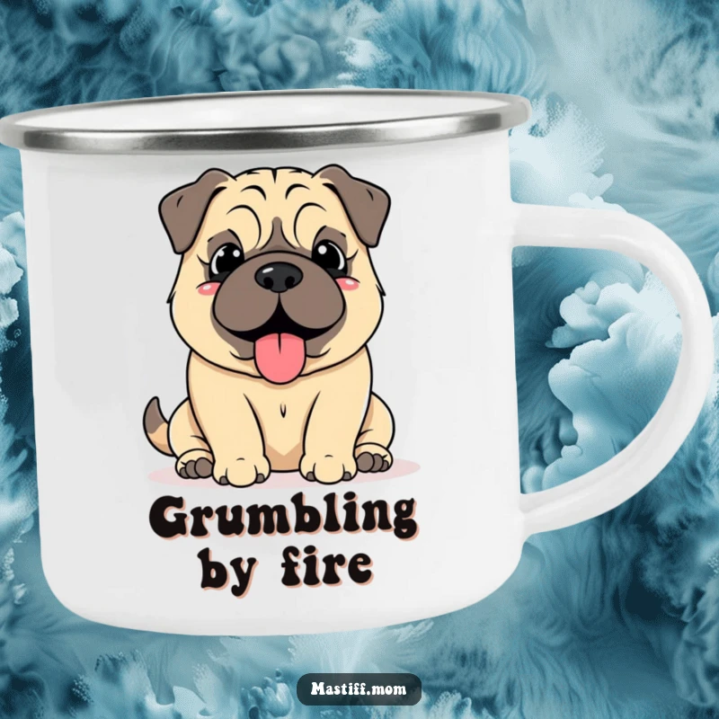 Funny Mastiff Grumble Camping Mug, featuring a kawaii mastiff with a soft, happy grumble, perfect for outdoor moments and hot drinks.