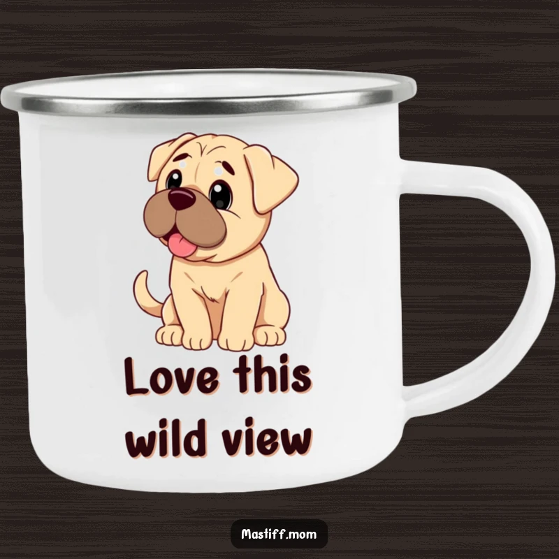 Funny Mastiff dog looking with pure adoration and a wagging tail, on a metal camping mug.