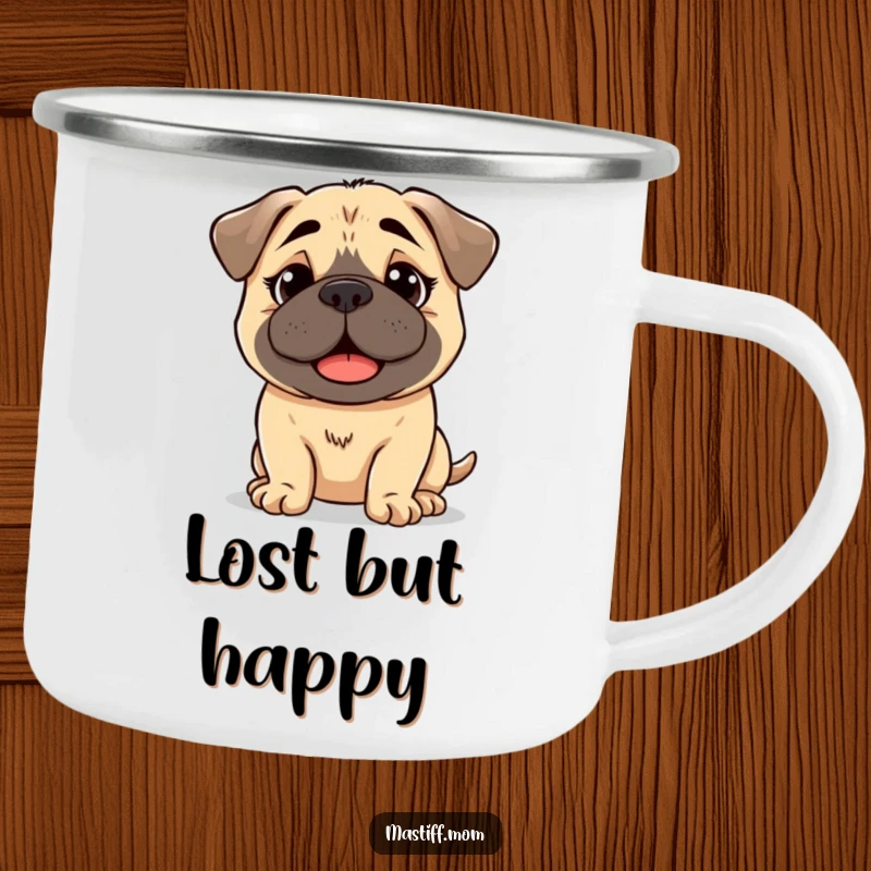 Funny, enamel camping mug with a kawaii Mastiff having a slightly bewildered but happy expression, perfect for outdoor enthusiasts.