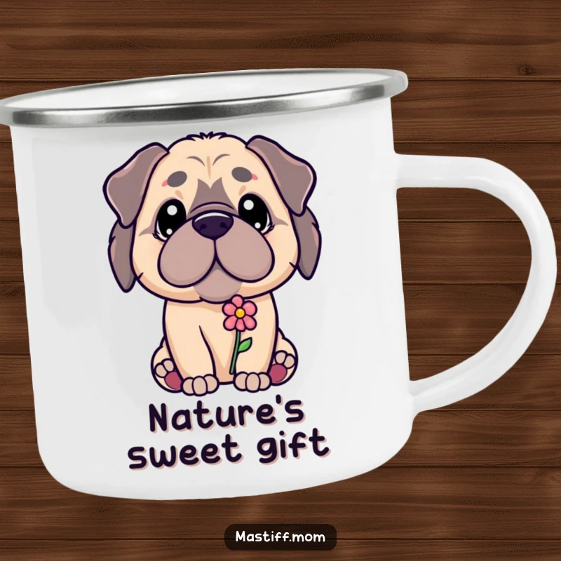 Funny Kawaii Mastiff puppy offering a small flower with a gentle gaze, on a sturdy camping mug, makes a great funny gift.